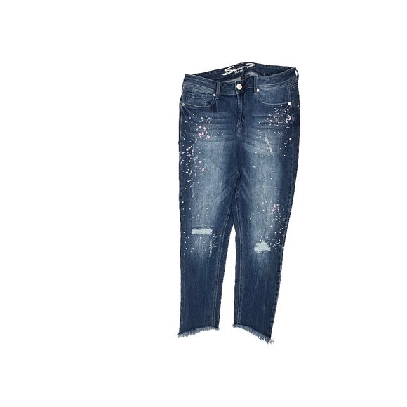 Seven7 Ankle Skinny Raw Hem Gems splatter Women's size 12 Dark Wash Blue Jeans - Picture 1 of 5